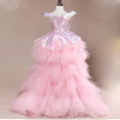 Enchanted Petals Pink Sequin Flower Girl Dress