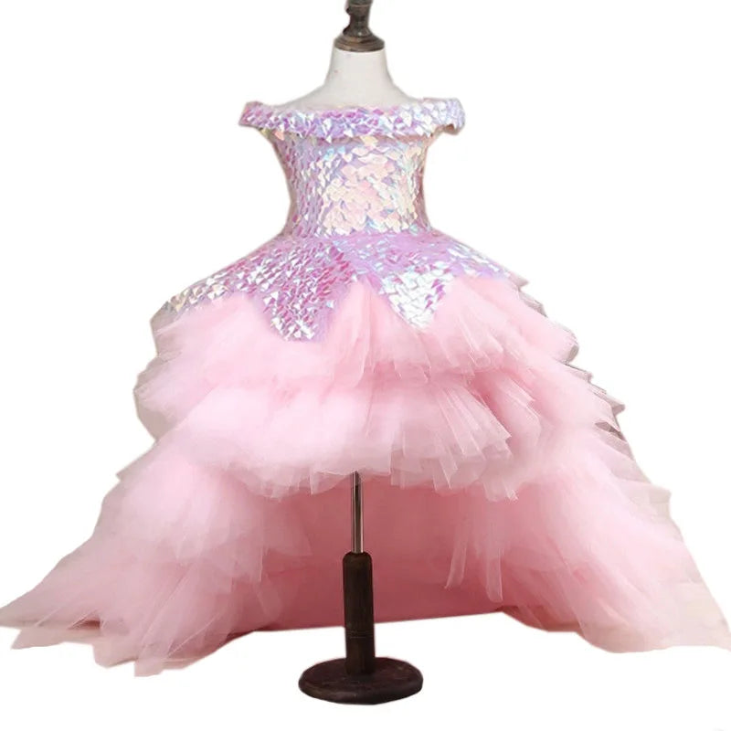 Enchanted Petals Pink Sequin Flower Girl Dress