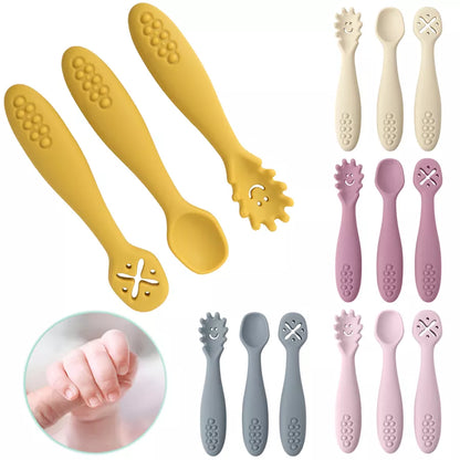 SoftBite Learning Set: 3PCS Silicone Spoon and Fork for Baby Utensils