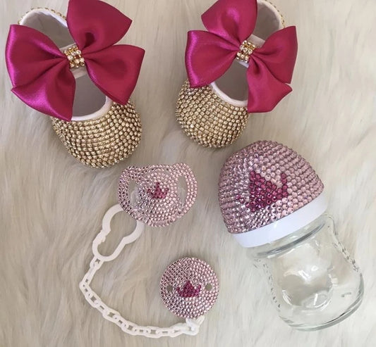 Dollbling Luxury Baby Bottles and Shoes Headband Set: A Glamorous Keepsake Featuring Diamond-Encrusted Shoes, Bottle, and Pacifier.